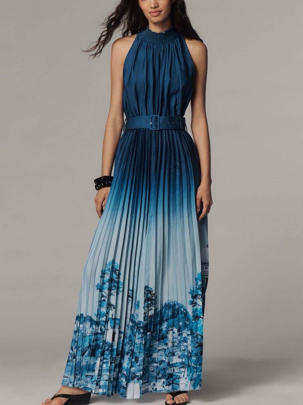 Worn Once, Sleeveless Blue Ombre Pleated Jumpsuit With Belt